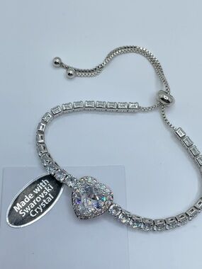 Diamond White Swarovski Crystal Heart Halo Tennis Bracelet Adjustable Silver